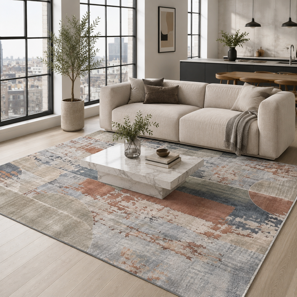 Tapis Géométrique Moderne Bleu Marine Lavable Estelle, vue principale