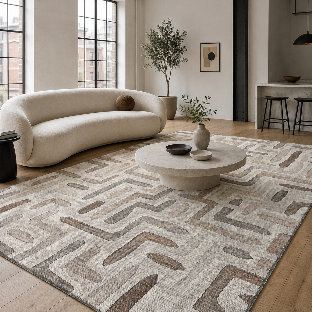 Tapis Géométrique Moderne Bleu Marine Lavable Maeva, vue principale