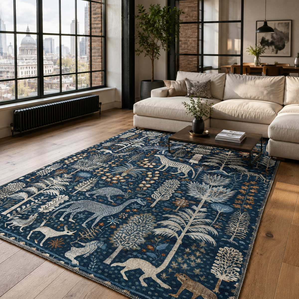 Tapis Ethnique Bleu Marine Lavable Vega, vue principale