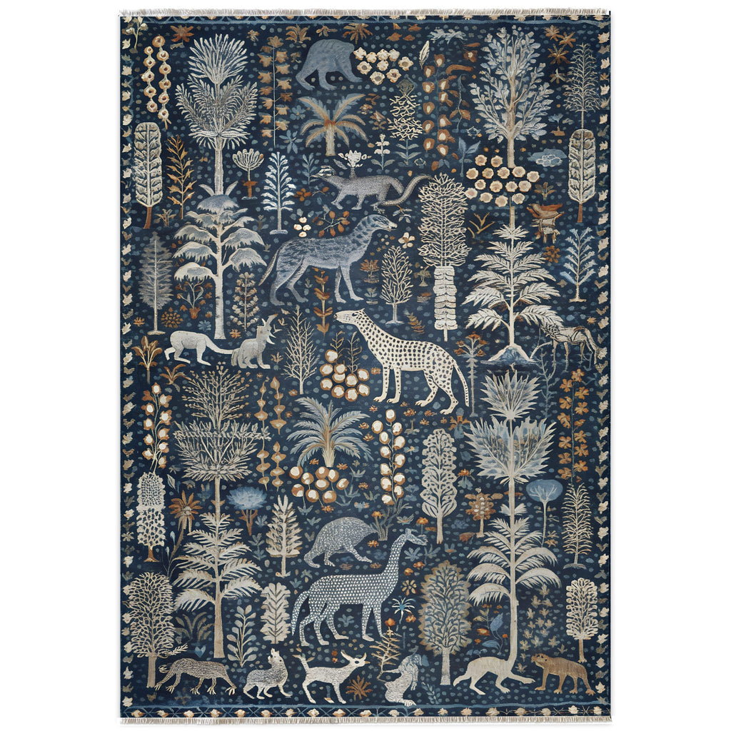 Détail du motif du tapis ethnique bleu marine lavable Vega