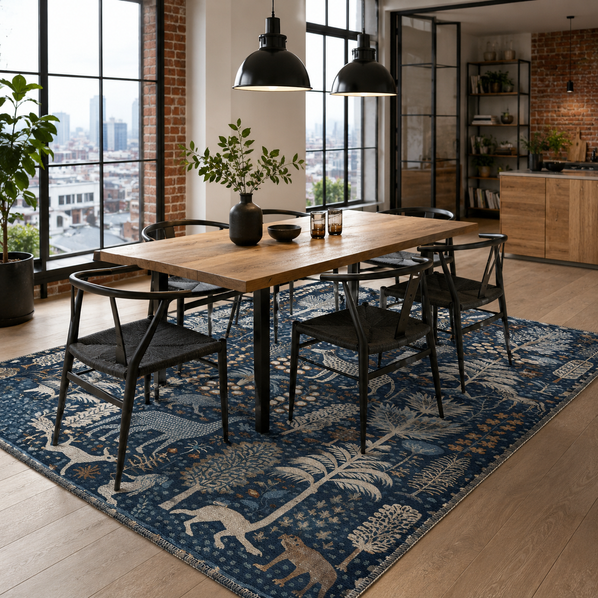 Tapis Ethnique Bleu Marine Lavable Vega, vue 4