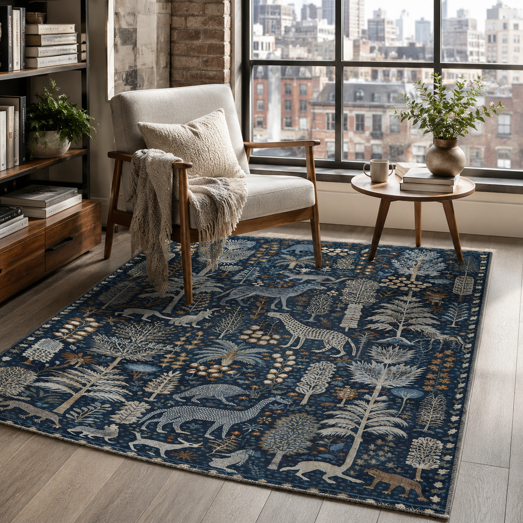 Tapis Ethnique Bleu Marine Lavable Vega, vue 6