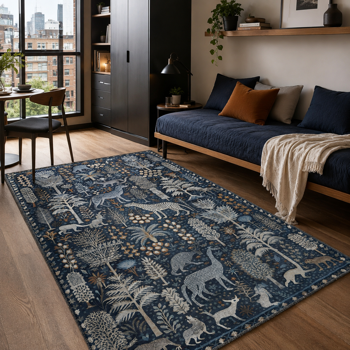 Tapis Ethnique Bleu Marine Lavable Vega, vue 9
