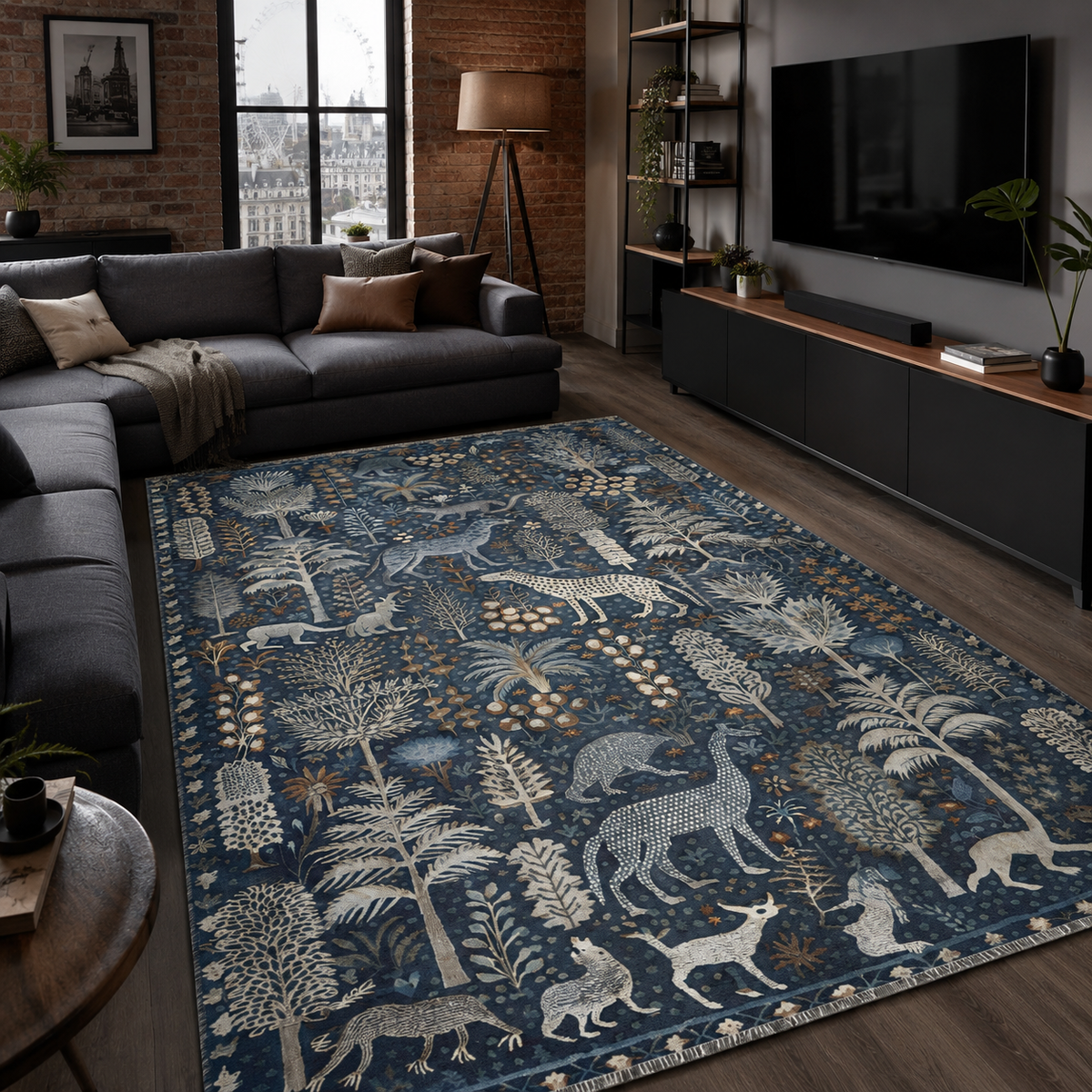 Tapis Ethnique Bleu Marine Lavable Vega, vue 10