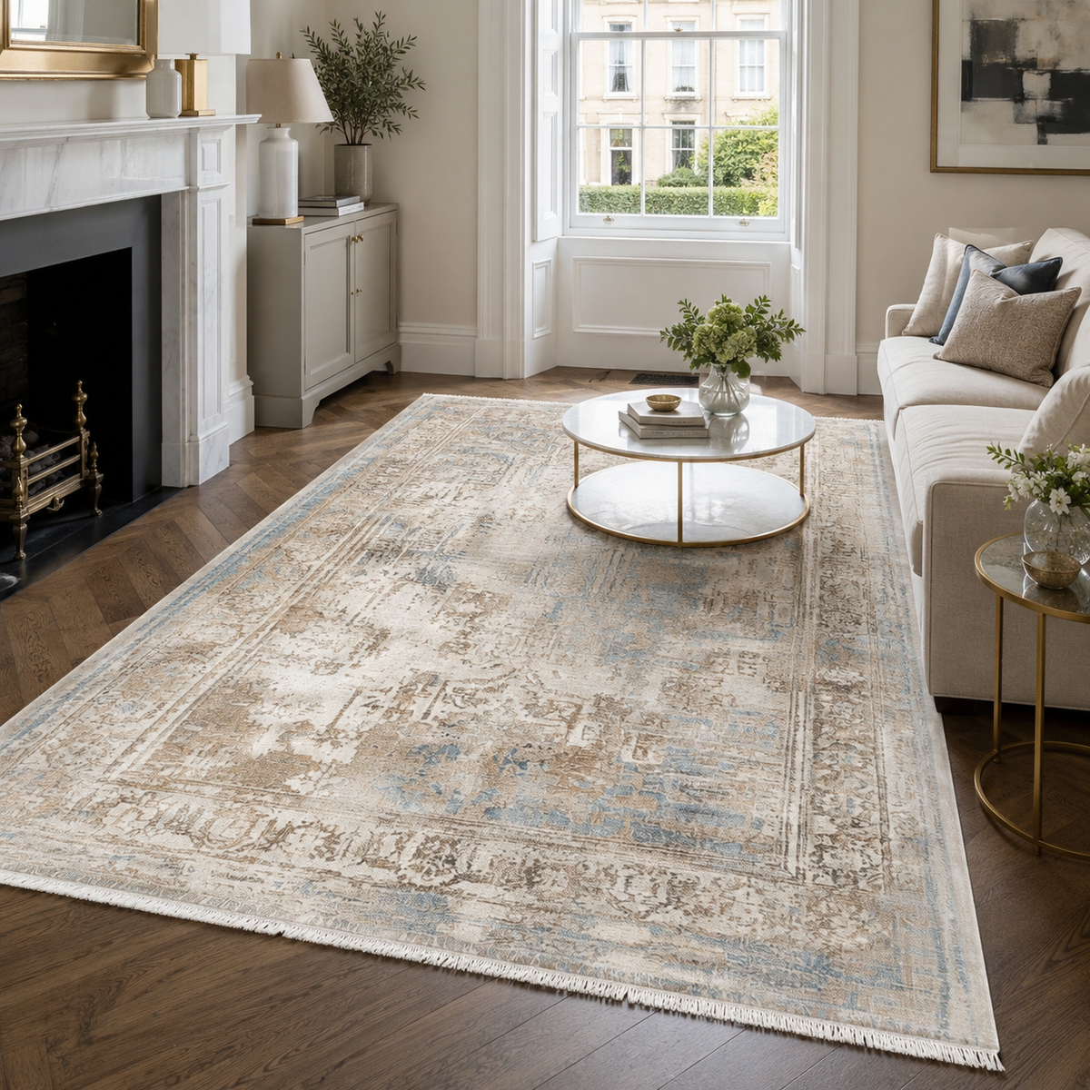 Tapis Classique Vintage Bleu Marine Lavable Félicie, vue principale