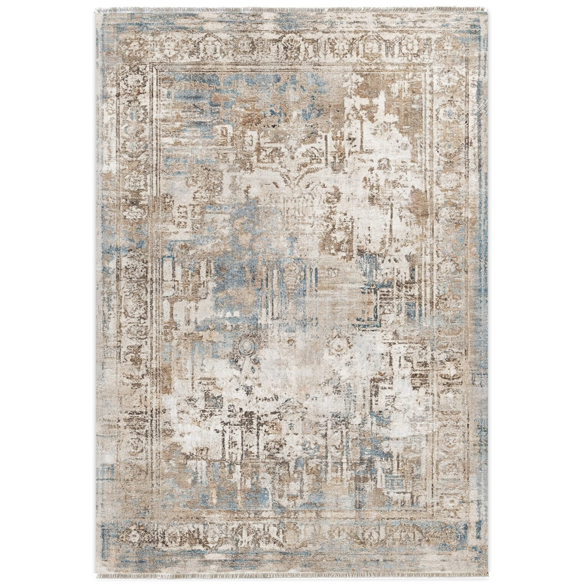 Détail du motif du tapis classique vintage bleu marine lavable Félicie