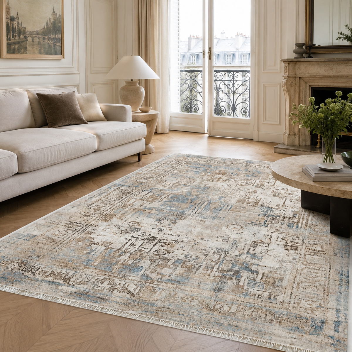 Tapis Classique Vintage Bleu Marine Lavable Félicie, vue 5