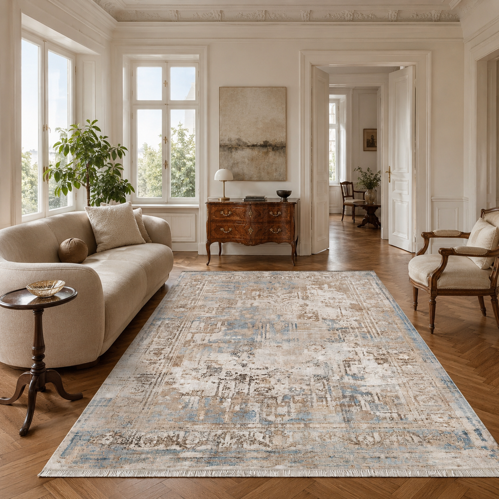 Tapis Classique Vintage Bleu Marine Lavable Félicie, vue 8