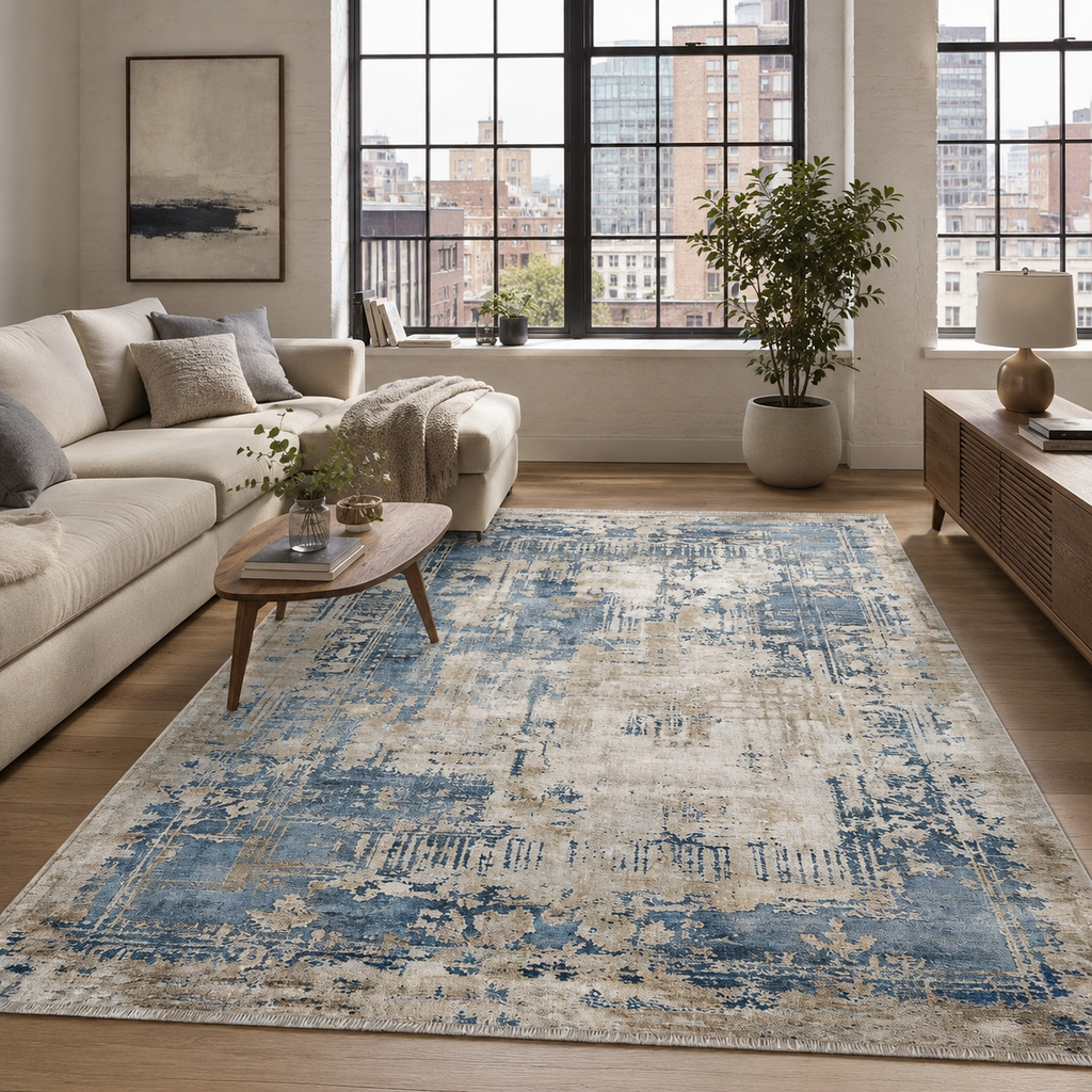Tapis Géométrique Vintage Bleu Marine Lavable Joséphine, vue principale