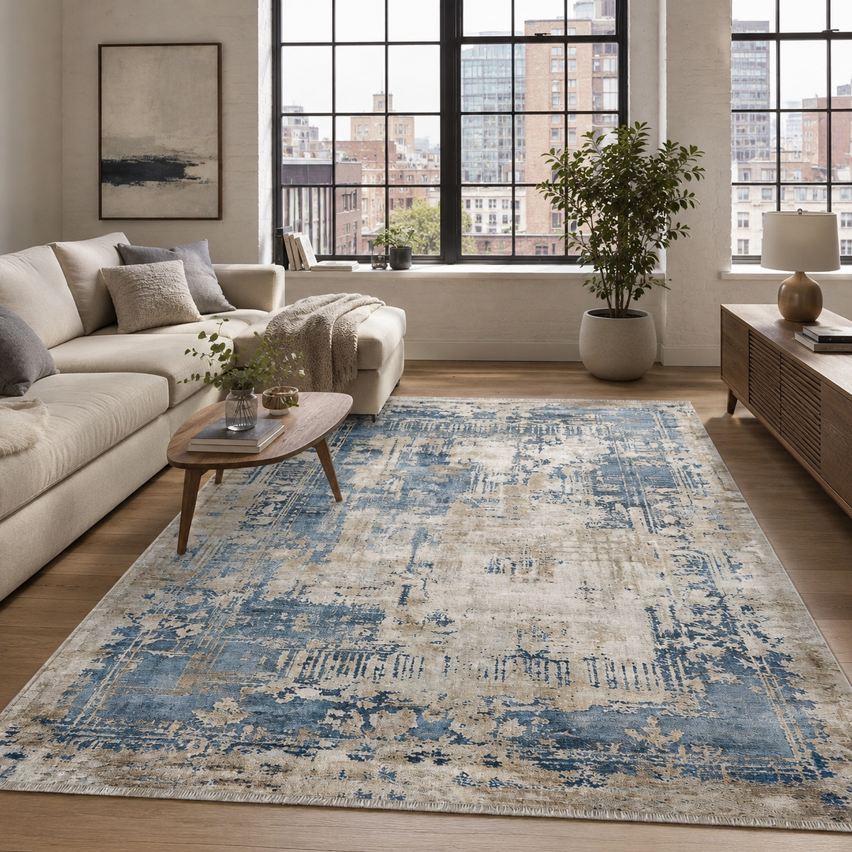 Tapis Géométrique Vintage Bleu Marine Lavable Joséphine, vue principale
