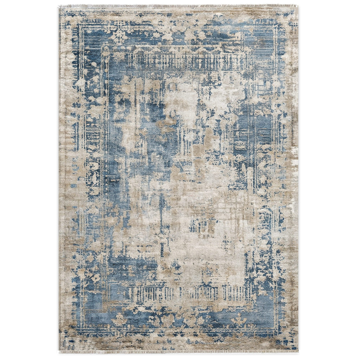 Détail du motif du tapis géométrique vintage bleu marine lavable Joséphine