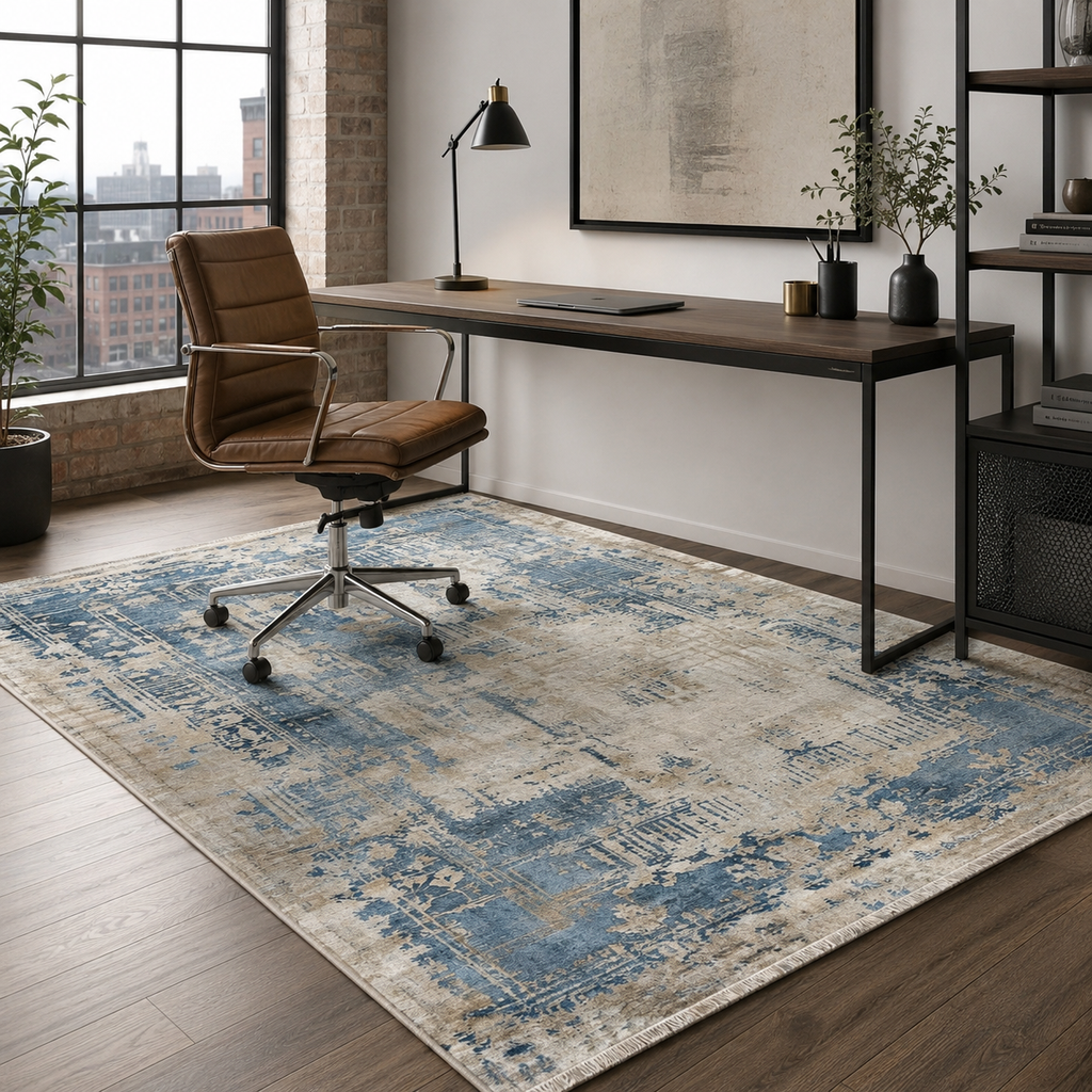 Tapis Géométrique Vintage Bleu Marine Lavable Joséphine, vue 5