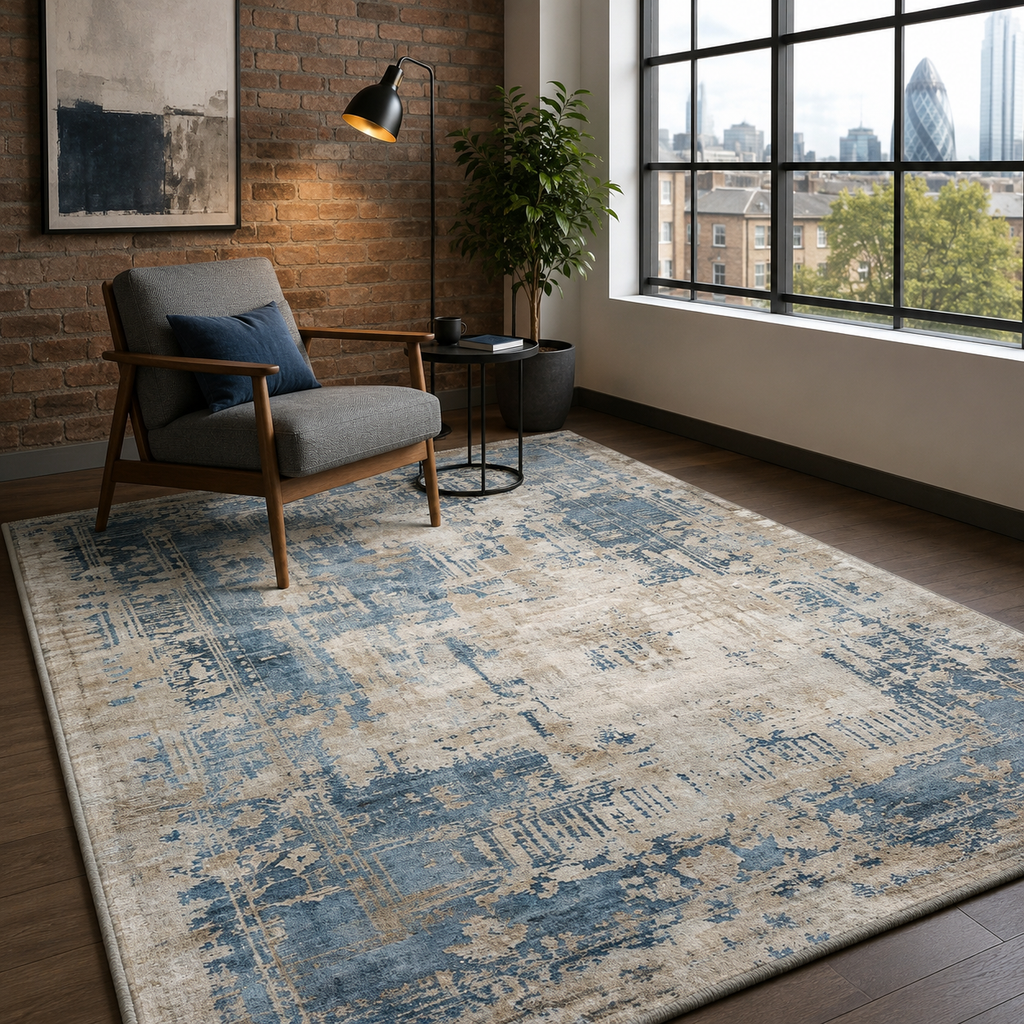 Tapis Géométrique Vintage Bleu Marine Lavable Joséphine, vue 6