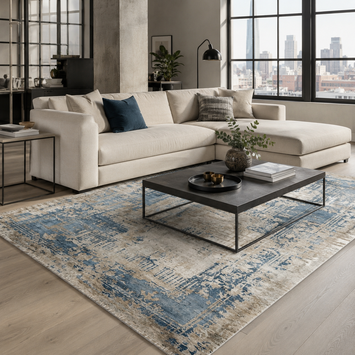 Tapis Géométrique Vintage Bleu Marine Lavable Joséphine, vue 7
