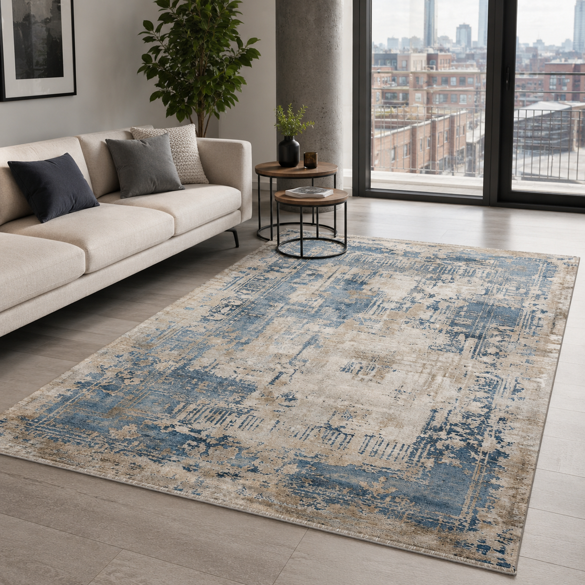 Tapis Géométrique Vintage Bleu Marine Lavable Joséphine, vue 9