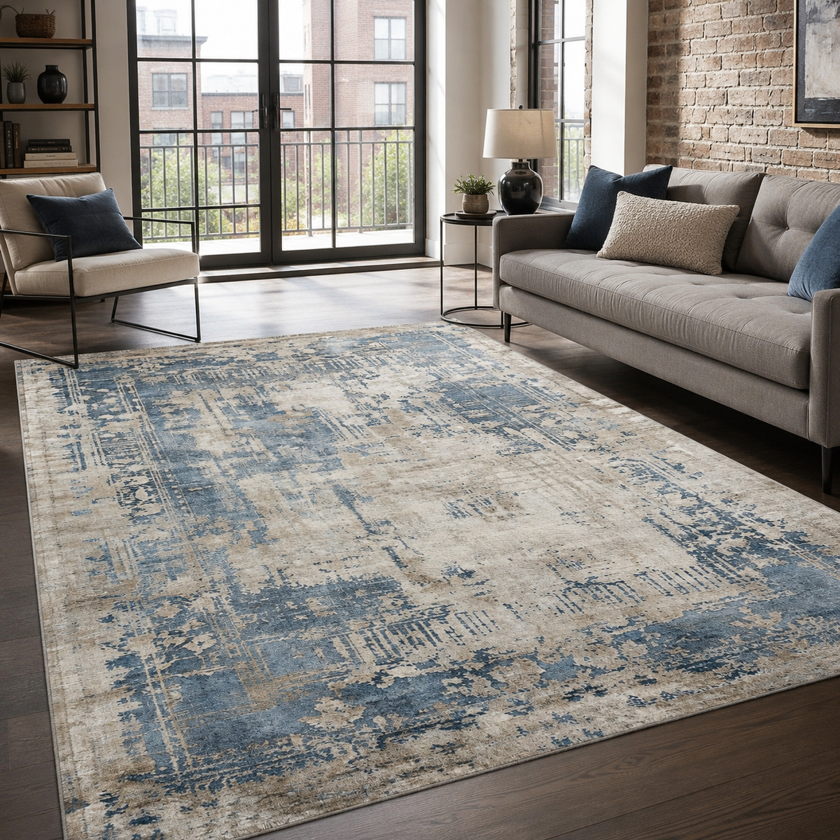 Tapis Géométrique Vintage Bleu Marine Lavable Joséphine, vue 10