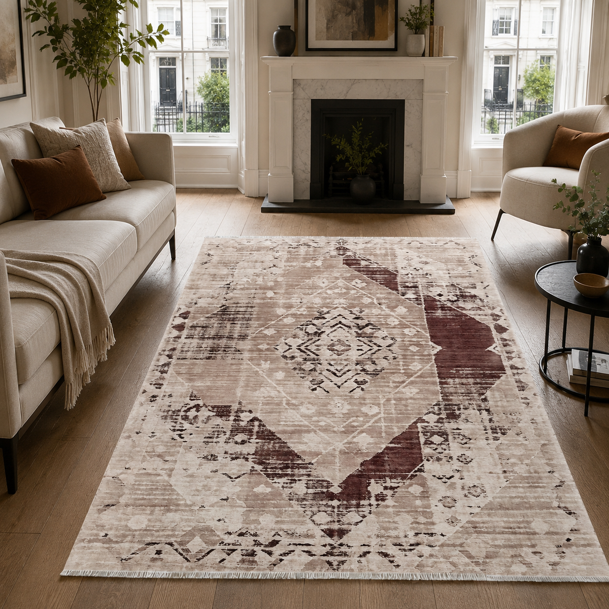 Tapis Ethnique Vintage Bleu Marine Lavable Riva, vue principale