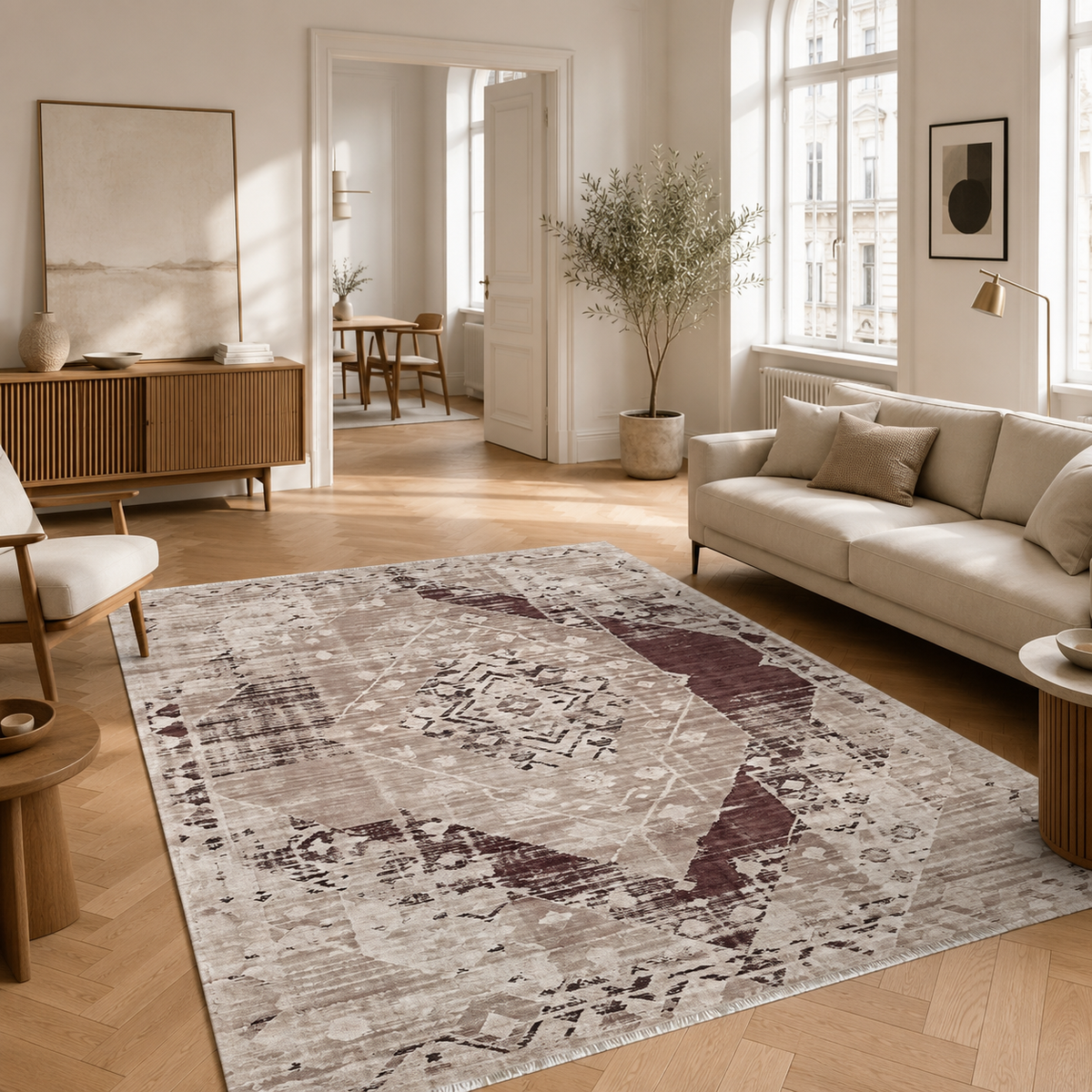 Tapis Ethnique Vintage Bleu Marine Lavable Riva, vue 7