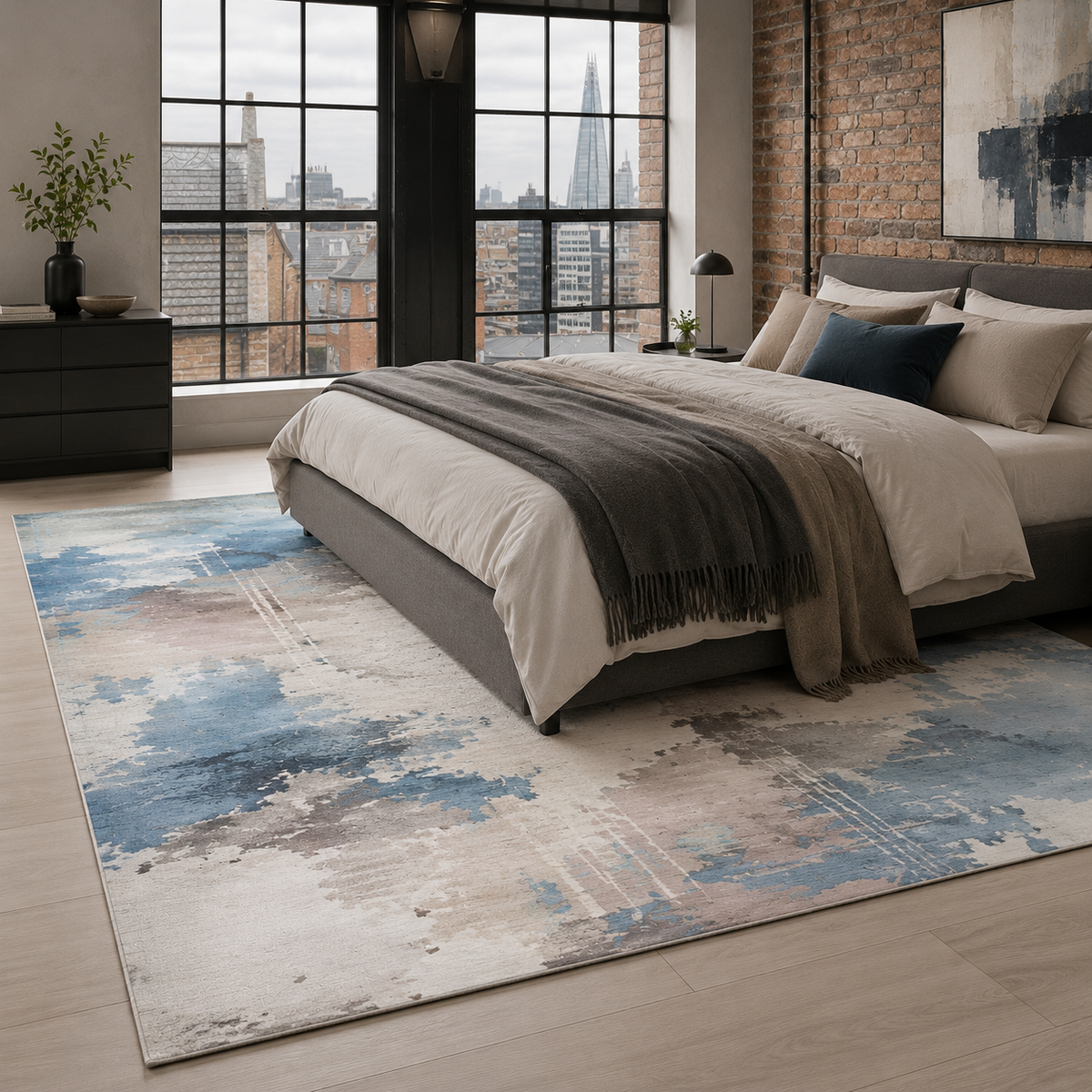 Détail du motif du tapis moderne bleu marine lavable Joséphine