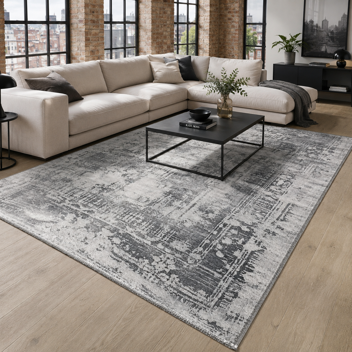 Tapis Vintage Gris Lavable Perrine, vue principale