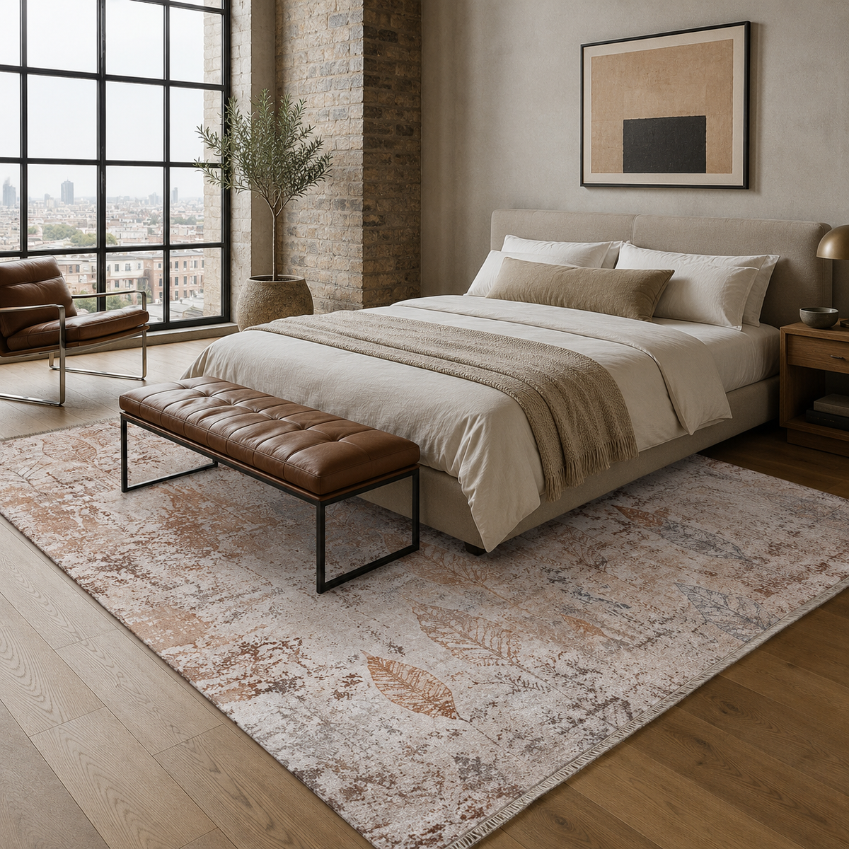 Détail du motif du tapis géométrique moderne bleu marine lavable Stella