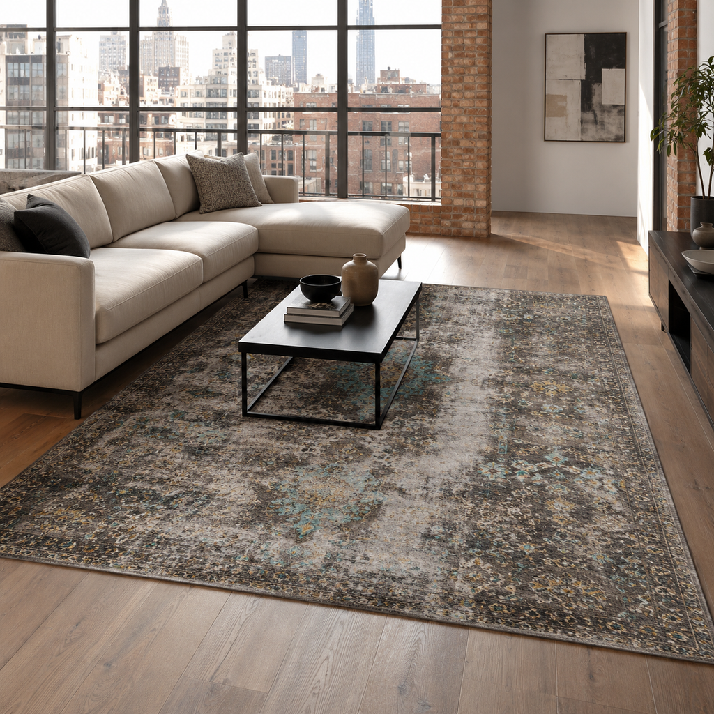 Tapis Moderne Bleu Marine Lavable Amina, vue principale