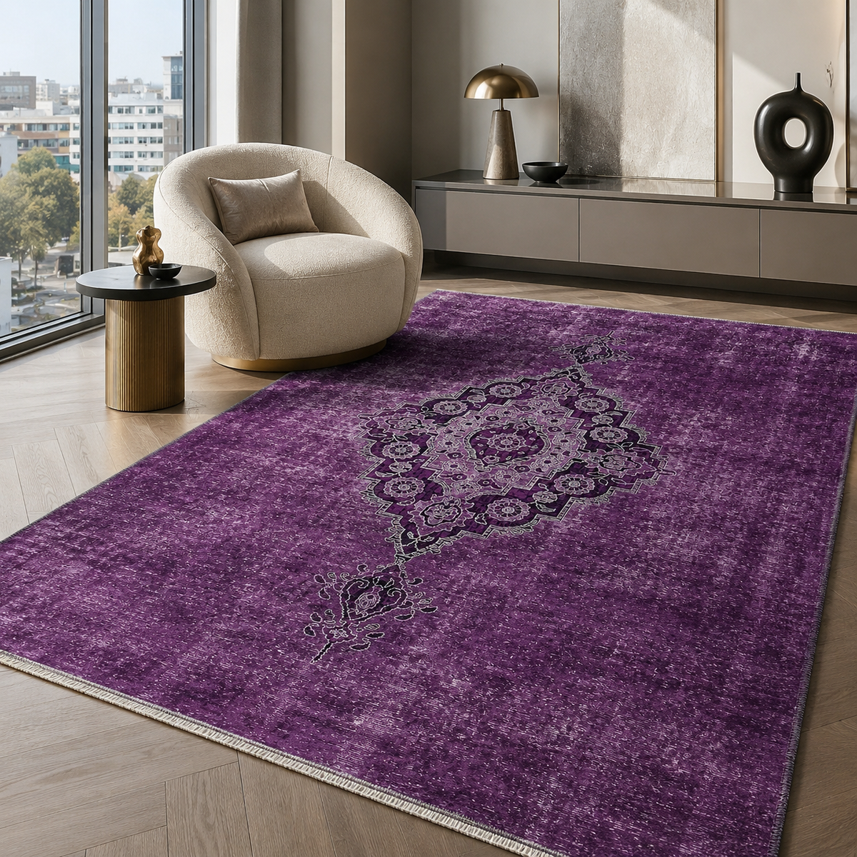 Tapis Ethnique Vintage Gris Lavable Alizée, vue 6