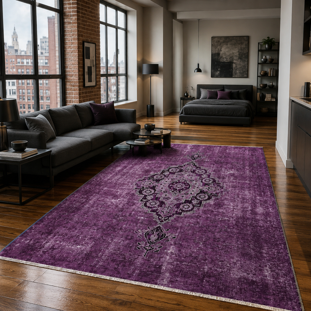 Tapis Ethnique Vintage Gris Lavable Alizée, vue 8