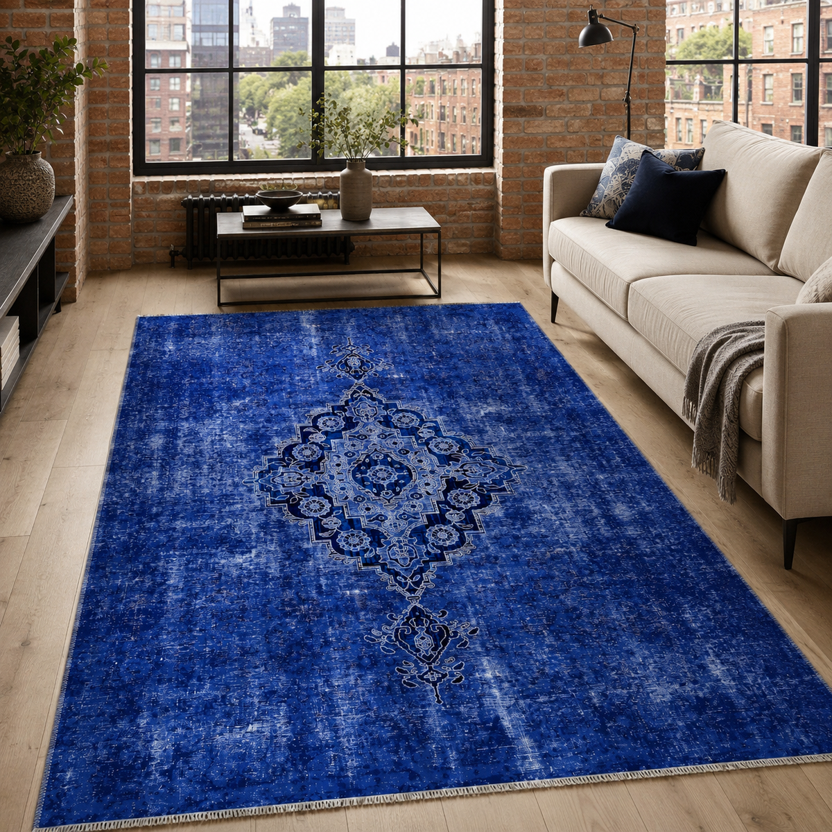 Tapis Abstrait Bleu Marine Lavable Palma, vue principale
