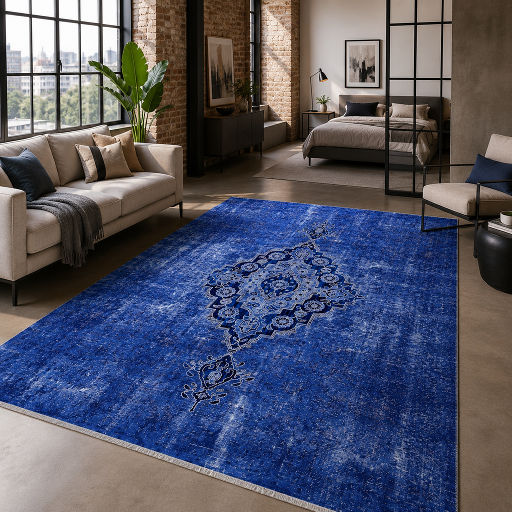 Tapis Abstrait Bleu Marine Lavable Palma, vue 8