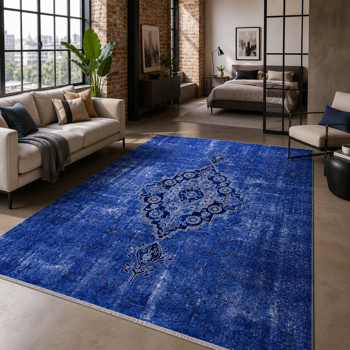 Tapis Abstrait Bleu Marine Lavable Palma, vue 8