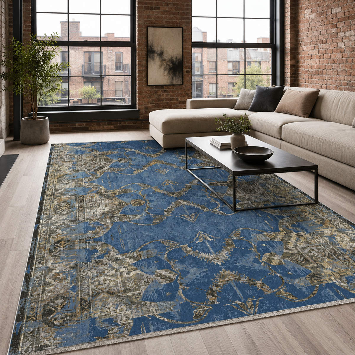 Tapis Vintage Bleu Marine Lavable Mélodie, vue principale