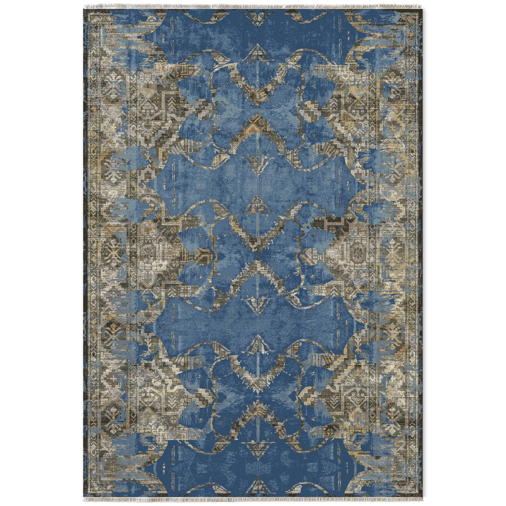 Détail du motif du tapis vintage bleu marine lavable Mélodie