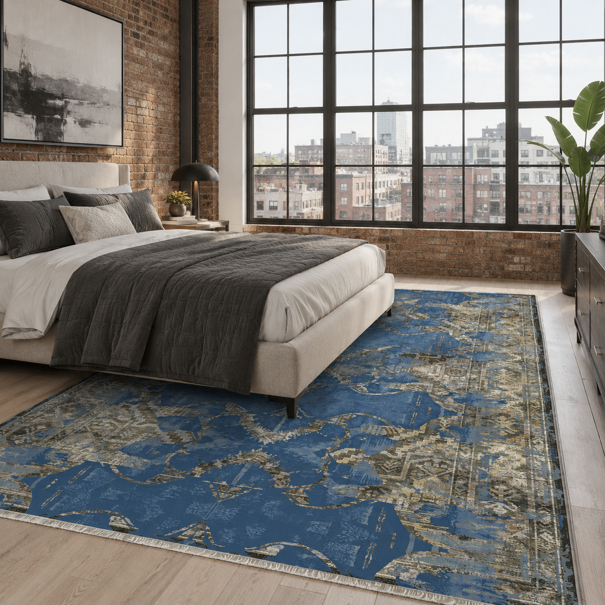 Tapis Vintage Bleu Marine Lavable Mélodie, vue 3