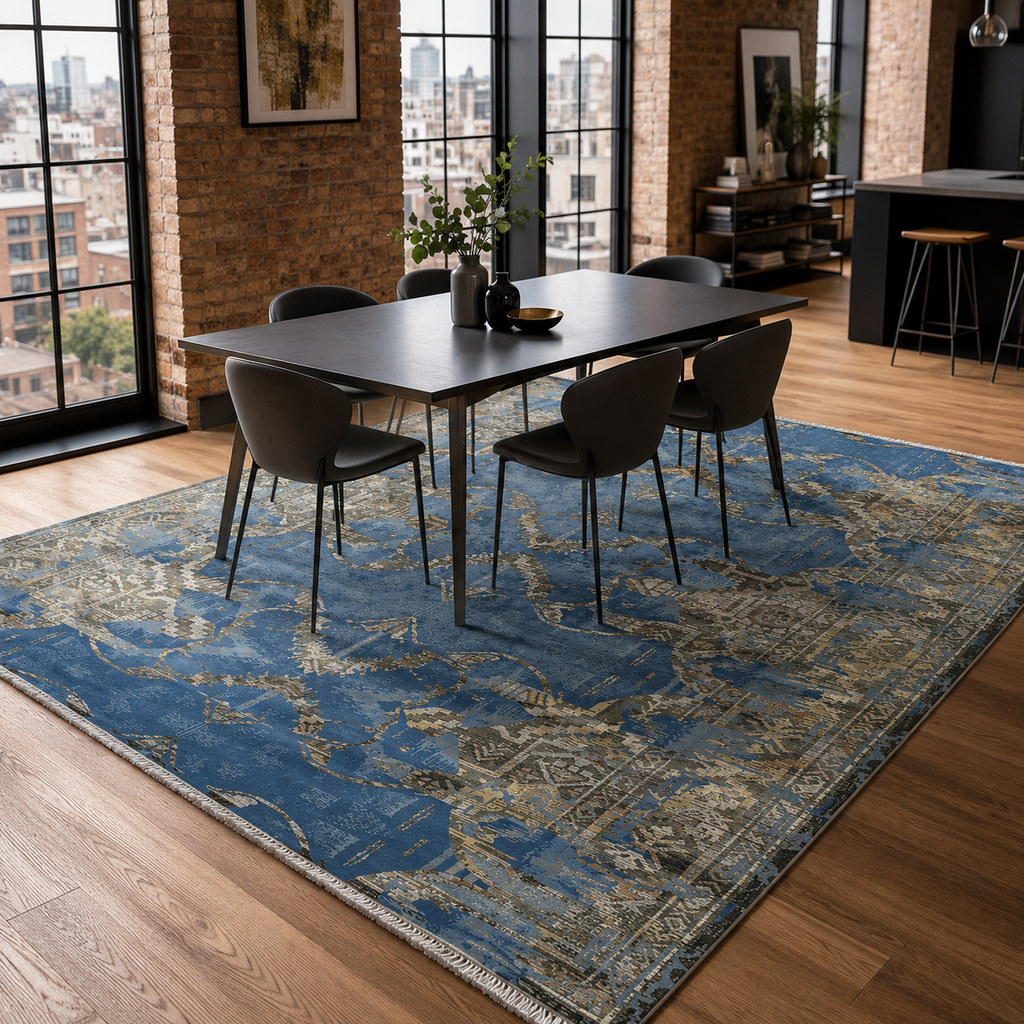 Tapis Vintage Bleu Marine Lavable Mélodie, vue 4