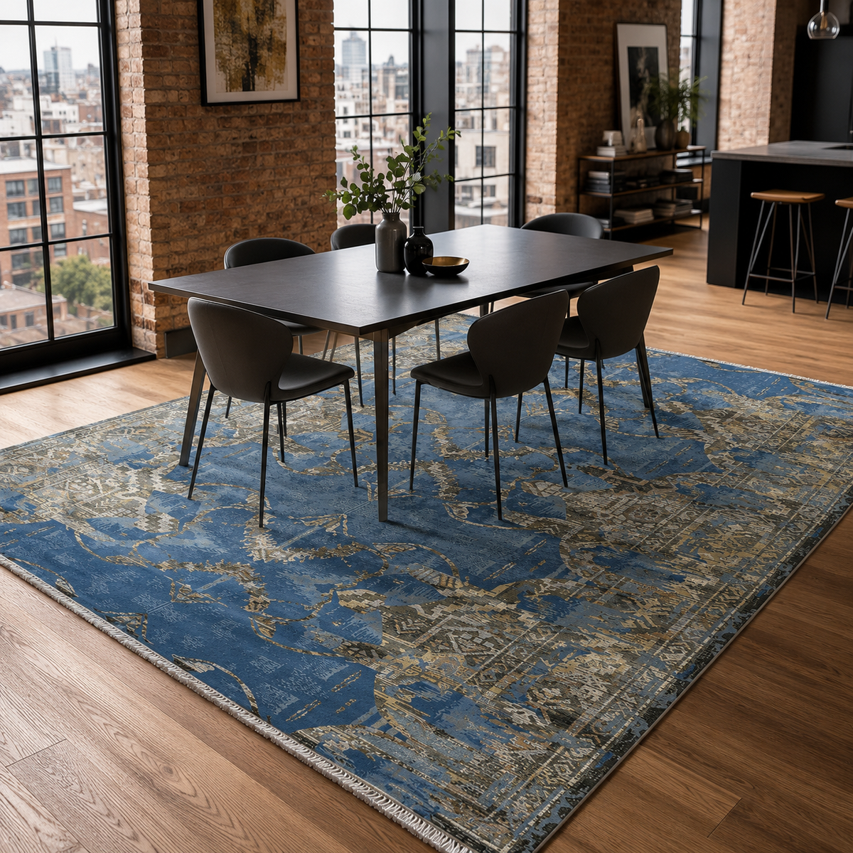 Tapis Vintage Bleu Marine Lavable Mélodie, vue 4