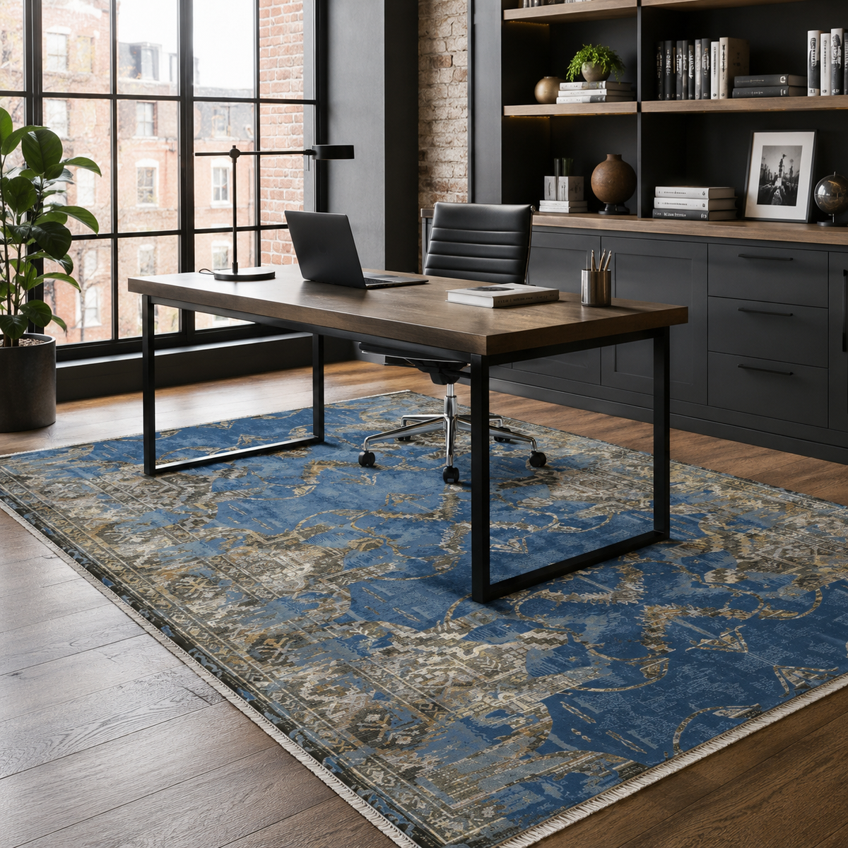 Tapis Vintage Bleu Marine Lavable Mélodie, vue 5