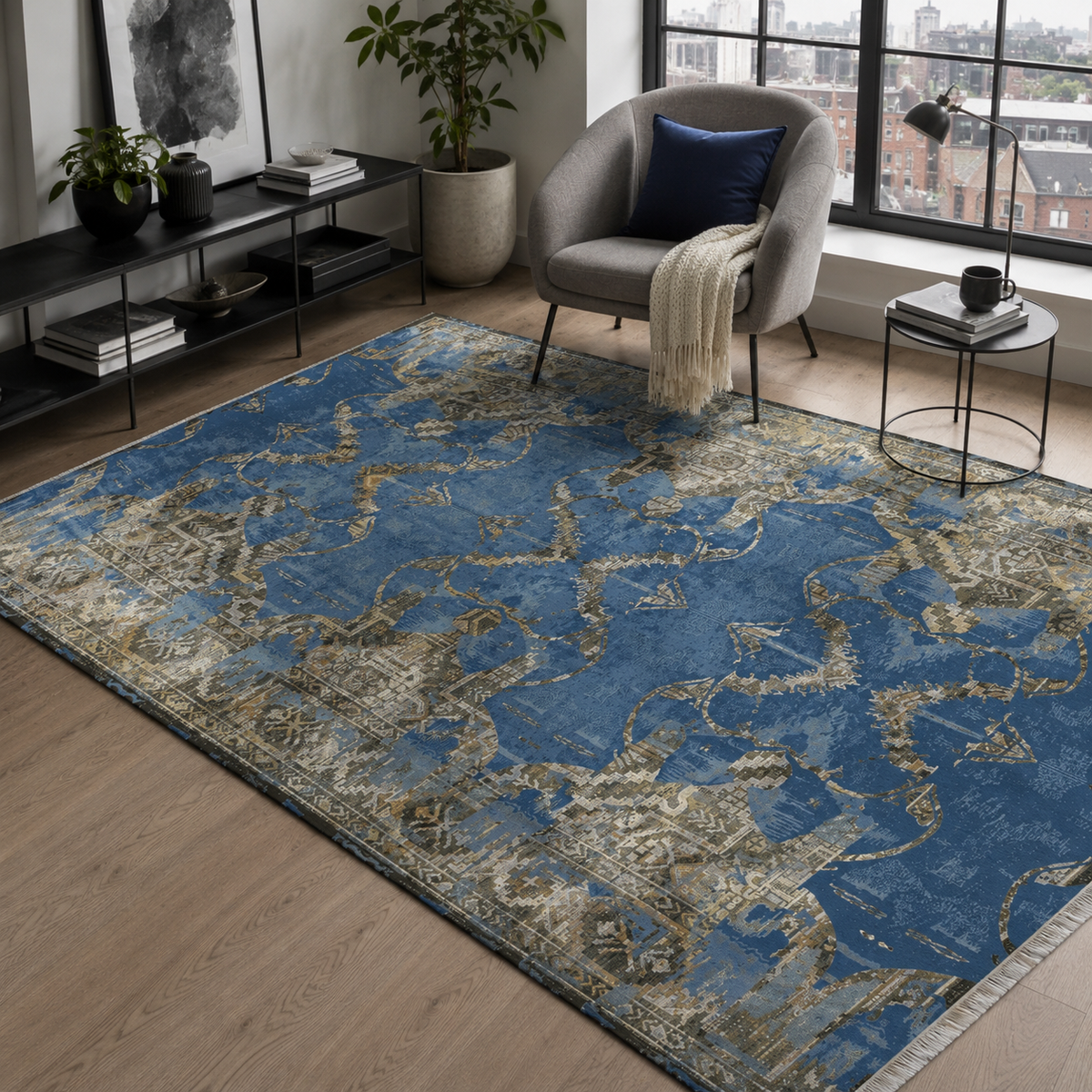 Tapis Vintage Bleu Marine Lavable Mélodie, vue 6
