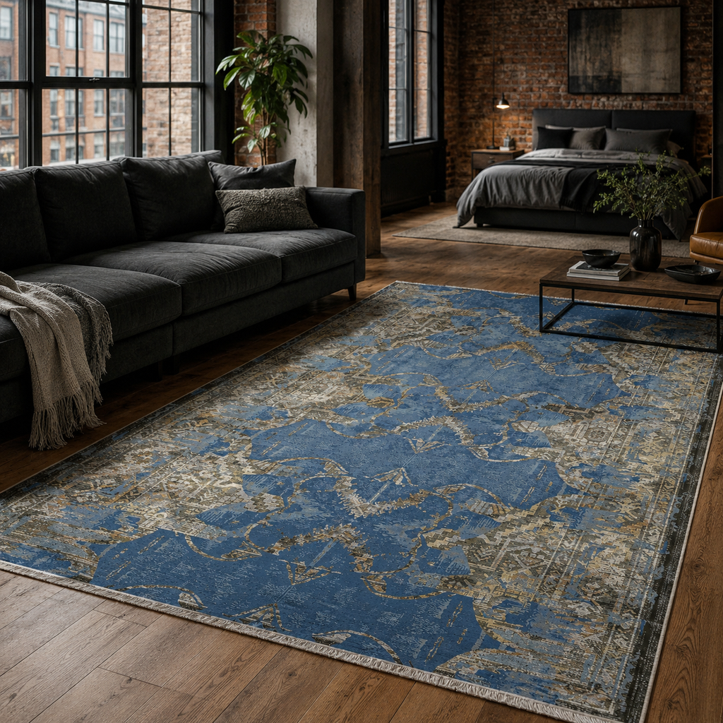 Tapis Vintage Bleu Marine Lavable Mélodie, vue 8