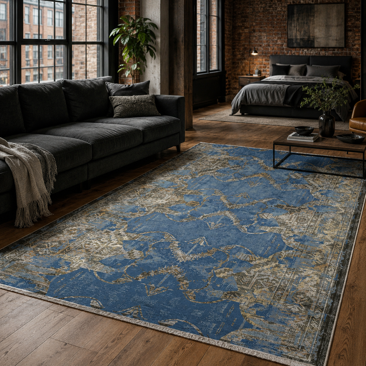 Tapis Vintage Bleu Marine Lavable Mélodie, vue 8
