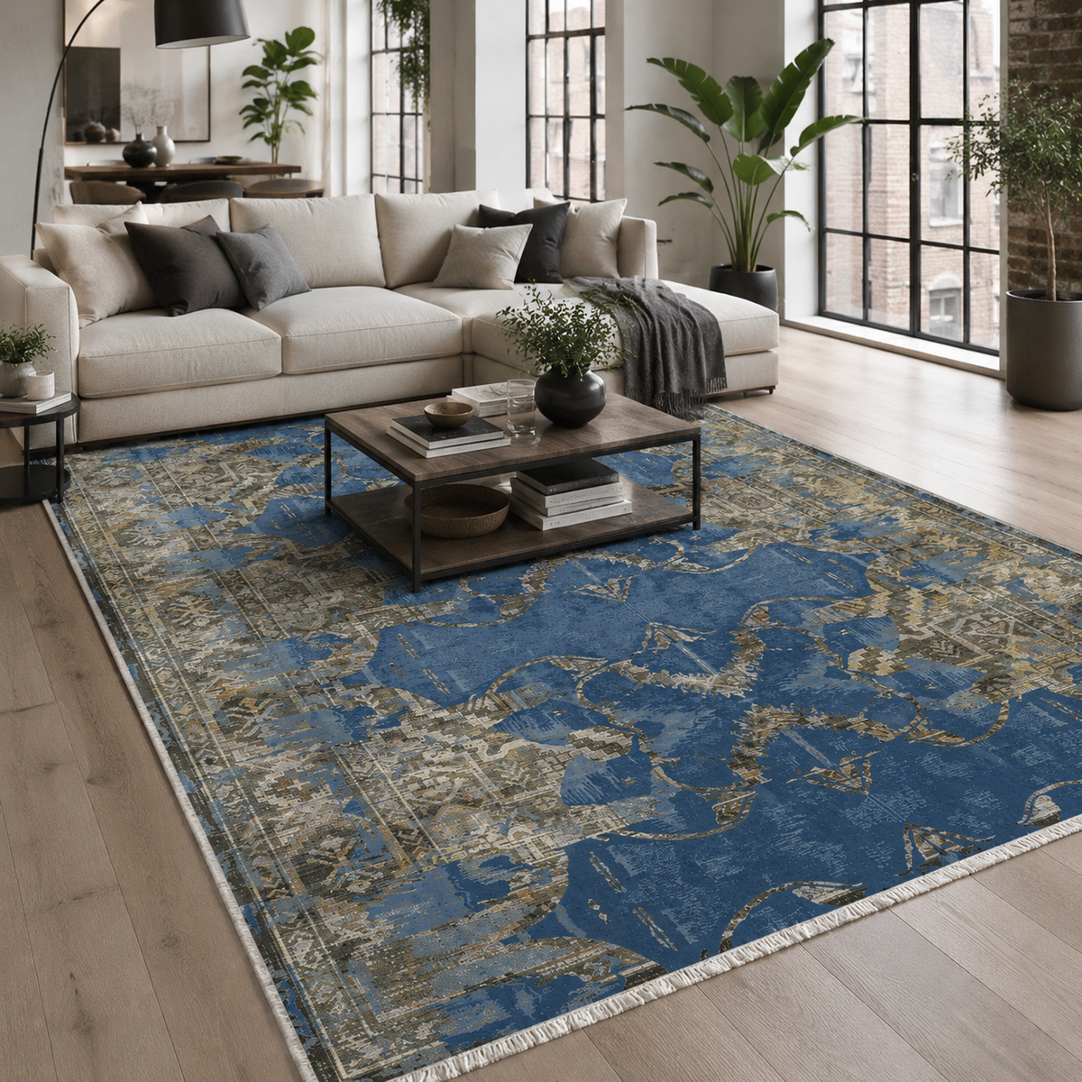 Tapis Vintage Bleu Marine Lavable Mélodie, vue 9