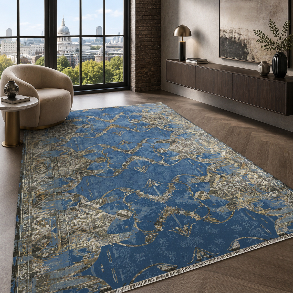 Tapis Vintage Bleu Marine Lavable Mélodie, vue 10