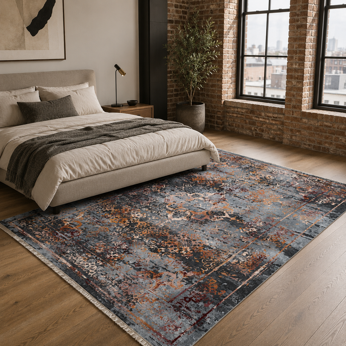 Tapis Vintage Gris Lavable Calista, vue principale