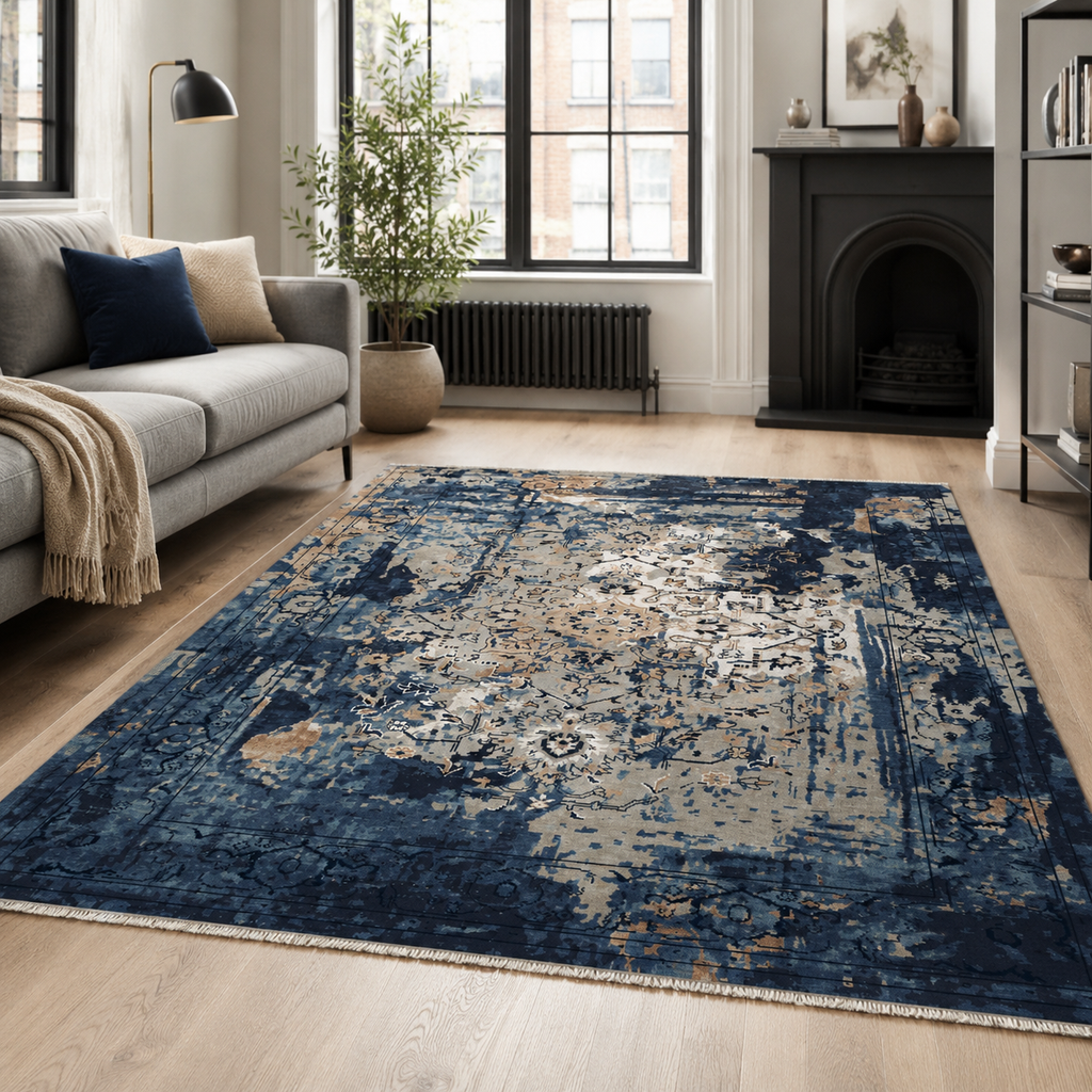 Tapis Vintage Bleu Marine Lavable Raphaëlle, vue principale