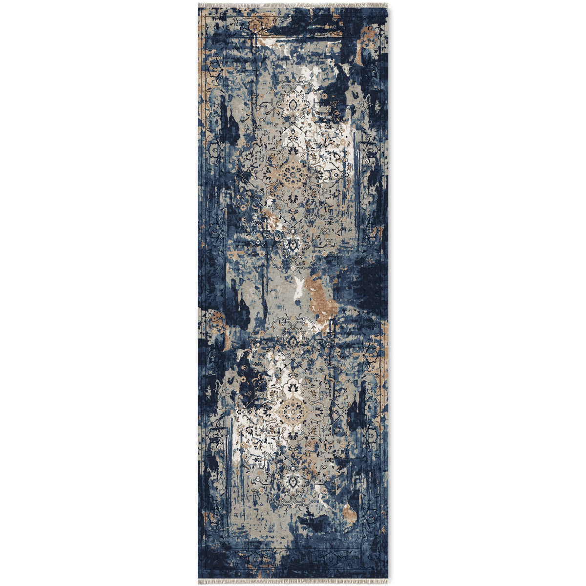 Détail du motif du tapis vintage bleu marine lavable Raphaëlle
