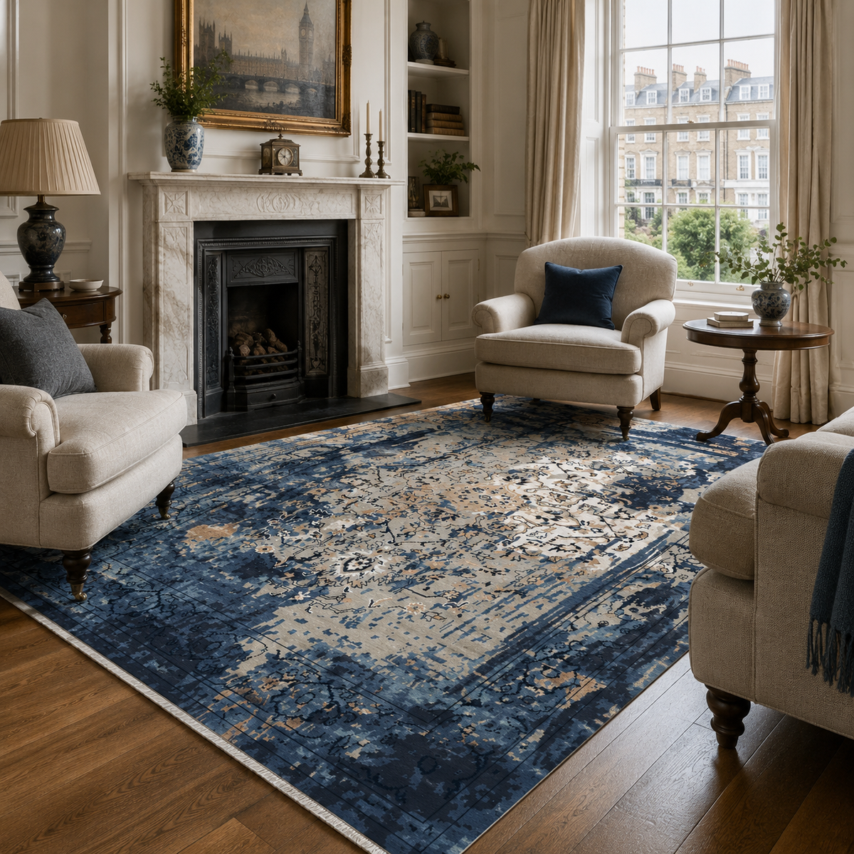 Tapis Vintage Bleu Marine Lavable Raphaëlle, vue 4