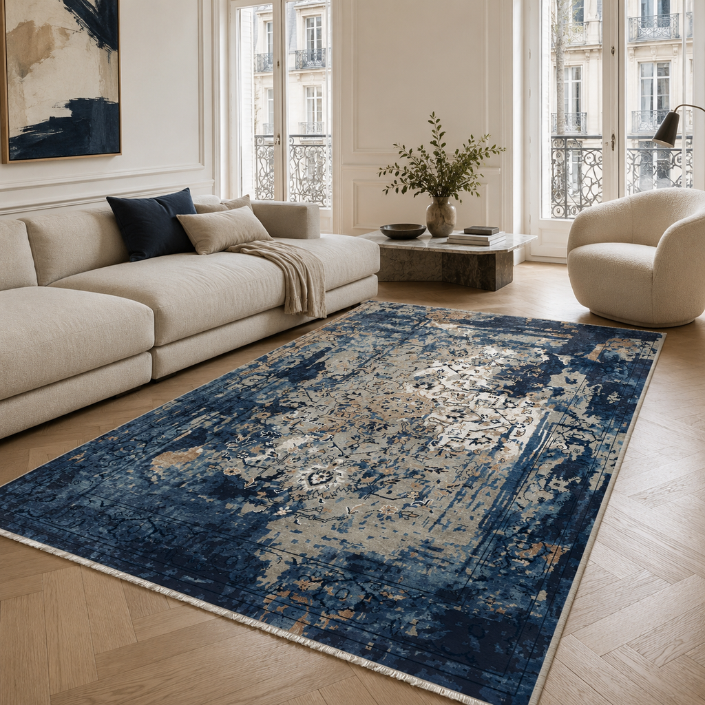 Tapis Vintage Bleu Marine Lavable Raphaëlle, vue 8