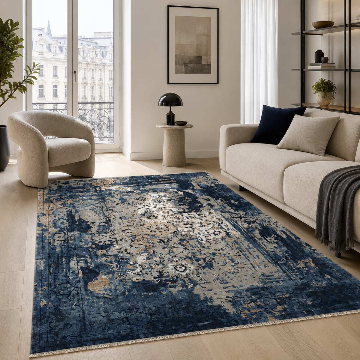 Tapis Vintage Bleu Marine Lavable Raphaëlle, vue 10