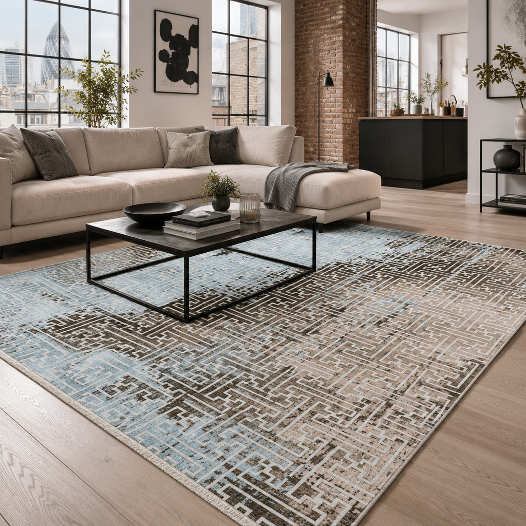 Tapis Géométrique Moderne Bleu Marine Lavable Calista, vue principale