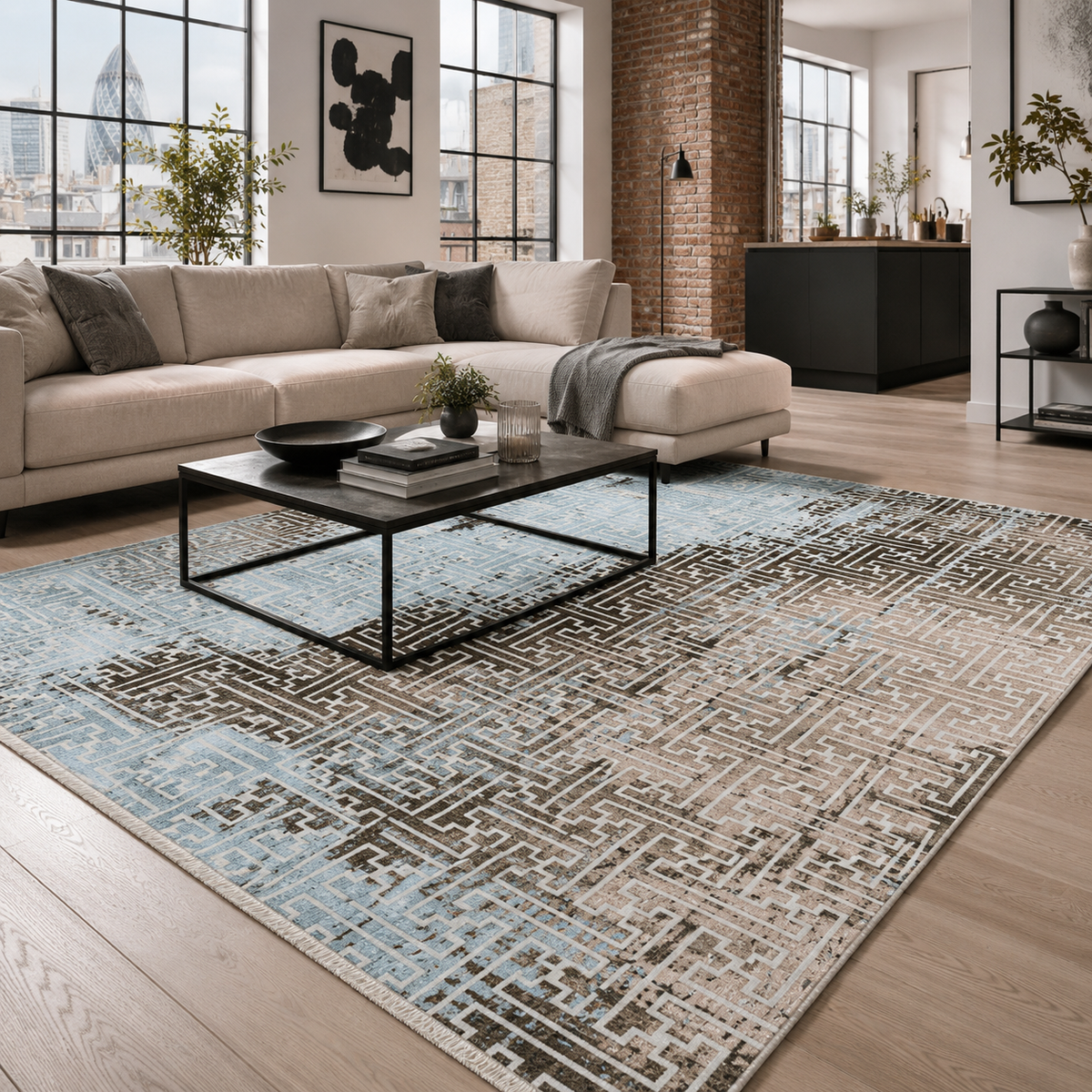 Tapis Géométrique Moderne Bleu Marine Lavable Calista, vue principale
